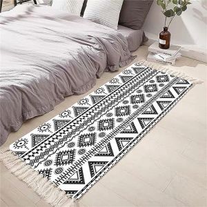 Tomifine Tapis en Coton Tissé, Tapis Bohème avec Frange, Tapis Tissé pour Salon Chambre, Home Tapis Géométriques Design Moderne Lavable Antiderapant (80x160 cm,Noir Blanc) (NDSMGS, neuf)