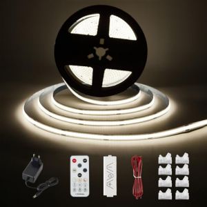 Enteenly Ruban LED COB Blanc Froid 5 mètres - Kit d'éclairage sous Meuble avec Télécommande RF pour Vitrine, Cuisine, Bureau, étagère, Placard - Adaptateur 24V inclus - 6500K (Dingran, neuf)