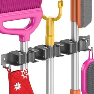 Quirlig Porte Balais Mural, Accroche Balai Mural avec 3 Supports et 2 Crochets, Support Balais Mural sans Percage, Attache Rangement Balai, Porte Outils de Jardin Mural, Noir (BERGMAN GROUP, neuf)