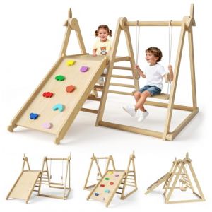 Structure d'escalade Montessori 5 en 1 pour int&eacute;rieur, structure de gymnastique pliable en bois avec balan&ccedil;oire, toboggan, &eacute;chelle d'escalade, plateau d'escalade et triangle d'escalade &agrave; moulin &agrave; vent (KONTAXIS-PANAGIOTIS, neuf)