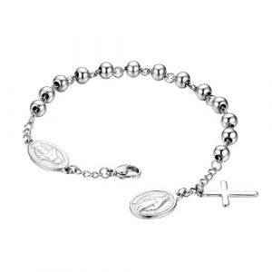 Flongo Bracelet Perles Pendentif Croix pour Femme Homme, Collier en Acier Inoxydable Cha&icirc;ne Motif Religieux La Vierge Marie Couleur Or/Argent Fantaisie Cadeaux No&euml;l Anniversaire (Flongo, neuf)