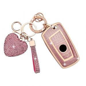 ZVRSUA Coque de Clé de Voiture pour BMW Clés de Voiture avec Porte-Clés Diamant Cœur,Étui de Clé Voiture Compatible avec BMW 1er 2er 3er 4er 5er 6er 7er M2 M3 M4 M5 M6 F10 F11 F20 (Rose) (SENBAODZ, neuf)