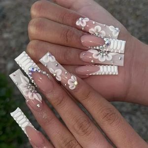 Faux ongles, ongles à presser Faux ongles longs en forme de cercueil avec colle, faux ongles marron portables avec strass, presse de Ballet, couverture complète(45) (zhangtingamz, neuf)