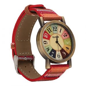 SALUTUYA Montre bohème, Montre Femme Pas Cher Montre Vintage Femme Montre Hippie Multicolore Bracelet en Cuir PU Style bohème Laiton Taille appropriée Poids léger pour Anniversaire(Rouge) (Maorme-EU, neuf)