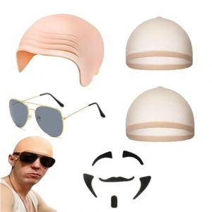 5 Pi&egrave;ces Bonnet Chauve en Latex, Calotte Chauve Casquettes avec Lunettes Moustache, Perruque de Cr&acirc;ne en Cuir &eacute;pais, Chauves Bonnet de Perruque, Robe Fantaisie Cap pour Adultes Maquillage Halloween D&eacute; (S.F.Pachira, neuf)