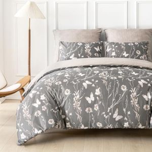 Tokokimo Housse de Couette 220x240 avec 2 Taies d'oreiller 65x65 cm - Motifs de Papillons et de Fleurs - Parure de lit 220x240 cm - Housse Couette avec Fermetures éclair, Brun Grisâtre (Yuanqin, neuf)