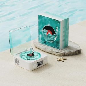 Haut-parleur vinyle Waves, Haut-parleur vinyle Bluetooth vintage Waves avec lumi&egrave;res d'ambiance r&eacute;glables, Lecteur vinyle sans fil avec horloge pour la chambre, le bureau, la f&ecirc;te (Bleu) (YueRun, neuf)