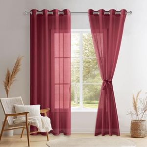 DWCN Lot de 2 Rideaux Voilages à Oeillets pour Fenêtre, Rideau Transparents avec Embrasses pour Salon Chambre d'enfant, Rouge Bordeaux, 140x225cm (Largeur x Hauteur) (DWCN EU, neuf)