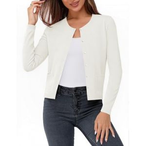 Aottori Gilet Femme Bol&eacute;ro Chic et &Eacute;l&eacute;gant Col Rond Tricot Cardigan Court Manches Longues avec Boutons Veste Top pour Robe Bretelle Soir&eacute;e F&ecirc;te D&eacute;contract&eacute; Blanc M (LEHONG-EU, neuf)