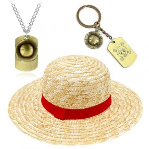 ZGCXRTO 3 PCS Casquette Pirate en Paille,Porte-cl&eacute;s chapeau de pirate Collier,One P Chapeau de paille,Chapeau de Soleil,Casquette Pirate en Paille,Porte-cl&eacute;s Pirates,pour Cosplay Anime Manga (A-35CM) (xinzhengshixiaomaidianshangyouxiangongsi, neuf)