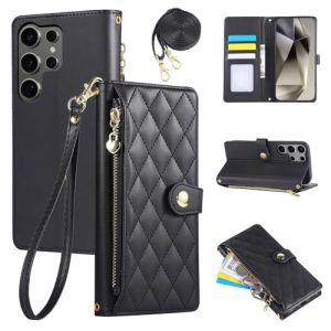 Rosbtib &Eacute;tui pour Samsung Galaxy S24 Ultra 5G 2024 6.8 Pouces, Coque pour t&eacute;l&eacute;phone Portable en Cuir PU avec Broderie en Losange, Galaxy S24 Ultra &Eacute;tui &agrave; Rabat avec dragonne et bandouli&egrave;re, Noir (Tengkai Technology, neuf)
