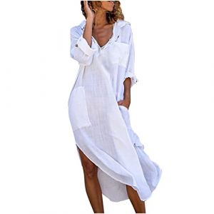 AEGJEGVD Longue Robe Cotton en Line Blanche Col en V Ete Pas Cher Grande Taille Robes R&eacute;tro Maxi Robe L&acirc;che Couleur Unie Boh&egrave;me Linen Dress &agrave; Manches Longues Fendue Sur Le C&ocirc;t&eacute; de Vacances &agrave; la Plage (⭐⭐⭐⭐⭐AEGJEGVD⭐⭐⭐⭐⭐, neuf)