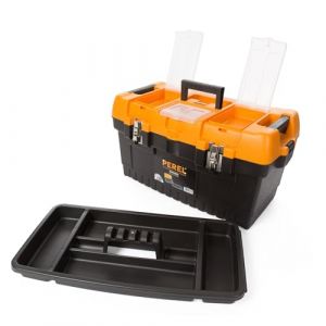 Perel Boite à outils, boite de rangement vide, caisse outil plastique, boite rangement, caisse peche, 3 compartiments dans le couvercle, 2 fermetures m&eacute;talliques noir/orange, 564 x 310 x 310 mm (setpoint, neuf)