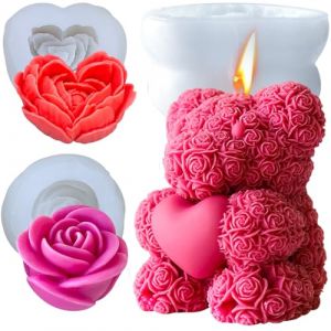 Moule de Bougie, Moule Silicone Ourson Bougie,3D Ours+Rose Faciles &agrave; D&eacute;mouler, Motifs raffin&eacute;s, pour la Bougies parfum&eacute;es, DIY cadeaux de No&euml;l, cadeaux de Saint-Valentin, Artisanat en R&eacute;sine (S) (JDH Silicone FR, neuf)