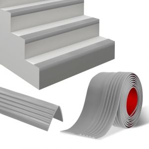 Profil&eacute; nez de marche escalier autocollant 1 m Antid&eacute;rapant marches d'escalie en caoutchouc Protection des bords d'escalier en forme de L pour usage int&eacute;rieur/ext&eacute;rieur (50&times;25 mm, gris) (Lefunom-eu, neuf)