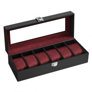 SONGMICS Boîte à Montres à 6 Emplacements, Coffret à Montres, Écrin, Couvercle en Verre, Coussinets Amovibles, Serrure en Métal, Revêtement en Noir et Doublure en Rouge Bordeaux JWB006R01 (SONGMICS HOME FR, neuf)