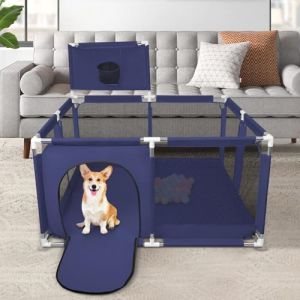 Parc &agrave; Chiots Pouces avec Porte, Parc pour Chiots Ou Petits Chiens,Lavable en Machine, Int&eacute;rieur/ext&eacute;rieur (126 x 126 x 66 cm &ndash; Bleu Marine) (Hechheu, neuf)