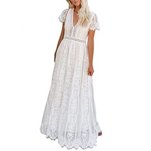 Onsoyours Dentelle à col en V pour Femme Longue Robe de Demoiselle d'honneur Cadeau Saint Valentin élégante Dentelle à Dos Nu avec des Fleurs Vêtements de mariée A Blanc L (Lonwell Fashion, neuf)