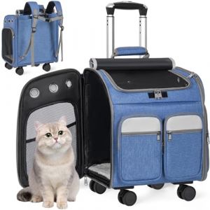 OUUTMEE Sac &agrave; Dos avec roulettes pour Chiens et Chats, Poussette de Voyage pour Animaux, Sac &agrave; Dos de Transport 2 en 1 avec Maille Respirant, Trolley pour Petit et Moyen Chats/Chiens (Bleu) (OUUTMEE, neuf)