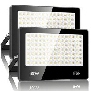 Projecteur LED Extérieur 100W 2 PACK - 10000LM 6500K Blanc Froid Spot LED Extérieur avec 105 LEDs Lampe, IP66 Étanche Eclairage Exterieur pour Stade, Terrasse, Rue, Garage (jintenger, neuf)