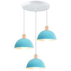 iDEGU 3 Lampes Suspension Luminaire Moderne 20cm Lustre Suspension R&eacute;tro Style Scandinave Plafonnier Abat-jour en Bois M&eacute;tal E27 &Eacute;clairage de Plafond pour Chambre Salle &agrave; Manger Cuisine (Rond, Bleu) (IDEGU, neuf)