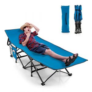 GYMAX Lit de Camp Pliable 1 Personnes, Charge 160kg, Lit de Couchage Robuste avec Pochette 3-en-1, Sac de Transport, Lit de Tente pour Camping, Voyage, Randonnée (Bleu) (GYMAX EU, neuf)