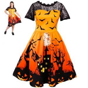 Halloween Robes Femmes Costume d'Halloween Cosplay Robes de Cocktail Jupe Citrouille Manches Courtes Adultes Fête Costume de Carnaval Noir Tête de Chauve-Souris Citrouille Maison Motif Design (Nepear, neuf)