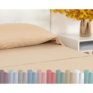 TRAMAS+ Parure de lit 100% Coton - Parure de draps 4 pièces - Ensemble de draps - Parure de 1 Drap Housse 140x190/200cm, 1 Drap Plat 220x270 et 2 taie d'oreiller 55x80,Sable (TRAMAS+, neuf)