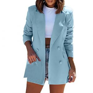 Blazer Veste d'&eacute;t&eacute; courte et l&eacute;g&egrave;re pour femme - Veste de costume &agrave; manches longues - Coupe ajust&eacute;e - Veste de mi-saison - Veste &agrave; double boutonnage, bleu ciel, XXL (Cy.betony, neuf)