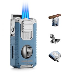 Briquet à Cigare Multifonction 5 en 1 avec Coupe Cigare en V, poinçon, Aiguilles, Porte-Cigare Le Support, Briquet Butane à Triple Jet de Flamme, sans Gaz (Bleu) (Cigarking, neuf)