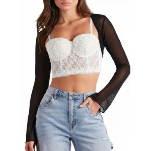 Sukiglam Bol&eacute;ro Femme Manches Longues Bolero Court en Maille Transparent &Eacute;l&eacute;gante Veste Devant Ouvert Casual Cardigan Sexy Bol&eacute;ros Manches &Eacute;vas&eacute;es Fine pour Robe de Soir&eacute;e Mariage C&eacute;r&eacute;monie (Sukiglam Store, neuf)