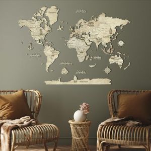 Creatifwood Carte du monde en bois 2D pour d&eacute;coration murale - Mappemonde en Bois - Art mural - Pour salon, bureau ou chambre (Light, 80L x 55l cm) (HARMANDI CreatifWood, neuf)