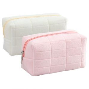 2 Pièces Sac Cosmétique de Voyage, Petite Trousse de Toilette pour Femme, Trousse de Toilette pour Femme, Sac à Cosmétiques à Carreaux Mignon pour Femmes Filles Cadeau (Blanc et Rose) (YNROU, neuf)