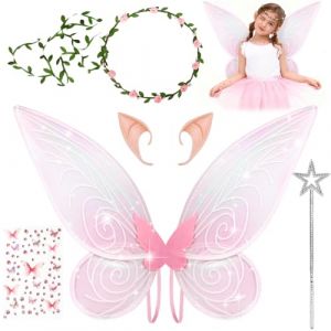 SERIONR Costume d'Ailes de F&eacute;E, Ensemble Ailes de Papillon Pour Filles, Ailes d'Elfe Avec Oreilles D'Elfe Bandeau de F&eacute;E Baguette Autocollants, Ailes de Papillon De F&eacute;e Halloween Carnaval (Rose) (CAMELIA-NARCISA BRATU, neuf)