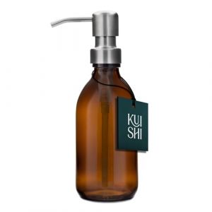 Bouteilles à Pompe en Verre Brun Kuishi de 250 ML avec Pompe argentée en Acier Inoxydable, Distributeur de Savon Rechargeable écologique, décoration de Salle de Bain élégante (Kuishi, neuf)