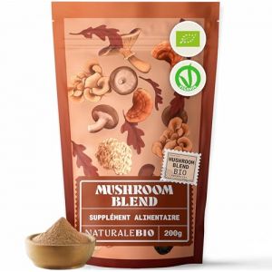 NaturaleBio Mélange de Champignons en Poudre 200g. Renforce l'énergie, la fonction cognitive, la santé intestinale et le système immunitaire. Bio, vegan, sans gluten et non-OGM. Facile à consommer. (NaturaleBio, neuf)