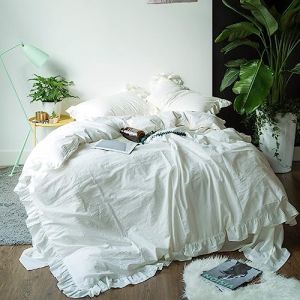 Sedefen Feuille de Lotus Housse de Couette 140x200cm + 1 taie d'oreiller 65x65cm Ado Fille Adulte Blanc Volants Romantique Parure de Lit 1 Personne Avez Fermeture Éclair (ArvinBoutiques, neuf)