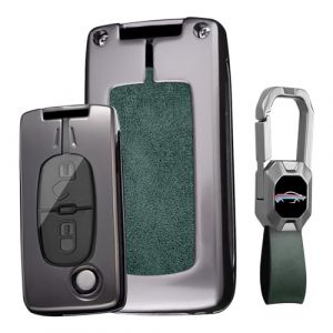 KUNIO Coque de clé de voiture compatible avec Peugeot 207 307 308 407 - Convient pour Citroën C2 C3 C4 C5 - Porte-clés de voiture - 2 3 boutons - Métal - Cuir - Vert (KUNIO, neuf)