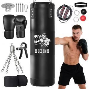 Sac de Frappe Adultes Ninonly 120CM Lourd Sac de Boxe avec Gants de Boxe,Appareil de renforcement de la Force de préhension,Corde à Sauter pour Kickboxing MMA Muay Thai Karate Taekwondo- Non Rempli (qianlizhou us, neuf)