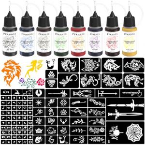 PFARRER Kit de Tatouage Temporaire 8 Bouteilles d'Encres Tatouage Temporaire Marquage, Kit de 105 Pochoirs pour Peinture Corporelle (Noir, Rouge, Vert, Bleu, Jaune, Violet, Brun, Orange) (PFARRER, neuf)