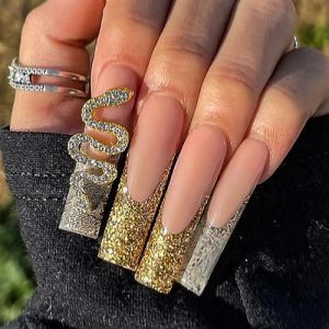 Faux ongles, ongles à presser Faux ongles longs en forme de cercueil avec colle, faux ongles marron portables avec strass, presse de Ballet, couverture complète(1) (zhangtingamz, neuf)