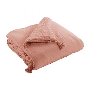 Mylittlebed Edredon Dessus de lit L&rsquo;Effet Papillon 90x200 cm &ndash; Chemin de lit 100% Gaze de Coton avec Finition Pompons [ Dessus de Lits et Couvre-Lits ] (Rose P&ecirc;che) (Mylittlebed, neuf)