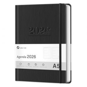 Agenda 2026 Journalier et Semainier, Carnet de Plan Reli&eacute; avec Couverture en Simili-cuir Format A5 Sur 12 Mois (Janvier 2026 - D&eacute;cembre 2026), Avec Ruban Signet et Lacet &Eacute;lastique - Noir (LONELY OAK, neuf)