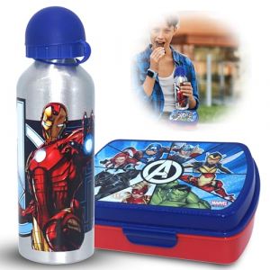 SRV Hub® Boîte à déjeuner en plastique + bouteille d’eau en aluminium pour enfants - Motif de personnage de dessin animé - 16 cm ; 400 ml (Avengers) (SRV-Hub, neuf)