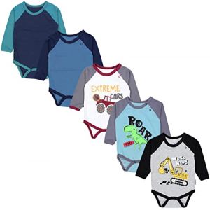 TupTam Body B&eacute;b&eacute; Gar&ccedil;on &ndash; Lot de 5 Bodies B&eacute;b&eacute; &agrave; Manches Longues, Coton OEKO-TEX, Bodies B&eacute;b&eacute; 0-3 Mois, Pelleteuse Monster Tuck Dino Gris Bleu Vert, 74 (LotteStyle, neuf)