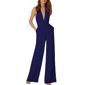 nicticsi Femme &Eacute;l&eacute;gante Col V Profond sans Manches Dos Nu Jumpsuit Playsuit Rompers Bustier Licou Combinaison Pantalon Large Soiree B-Bleu Marin XXL (Reversal Destiny, neuf)