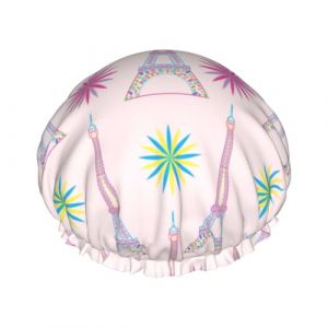 Bonnet de douche pour douche &ndash; Tour Eiffel rose double couche r&eacute;utilisable imperm&eacute;able grand bonnet de douche pour femme avec doublure en PEVA et corde &eacute;lastique (Vosery, neuf)