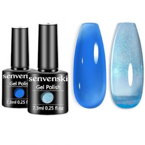 Senvenski Bleu Gelée Vitrail Vernis Semi Permanent, Glace Nudité Verre Bleu Vernis à Ongles Gift Set UV LED Art Varnish Kit pour French Manucure (CS2-016) (Senvenski EU, neuf)