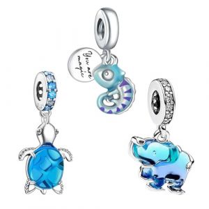 NUNUYAYA Perles Charms Argent Sterling 925 Breloque Pendentif Blue Elephant Sea Turtle Color-changing Chameleon Dangle Charm Bead Compatible pour Femmes Filles Europ&eacute;en Bracelets Colliers 3pcs / Set (ANHEKEJI, neuf)