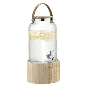 Navaris Distributeur de Boisson en Verre - Fontaine 5,6 L avec Robinet Couvercle poignée et Support en Bois - Carafe Eau Boissons Froides et Chaudes (SX-Commerce, neuf)